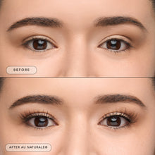 Before and after of a model wearing Au Naturale lashes. 