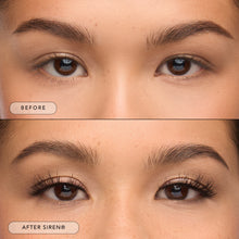 Before and after of a model wearing Siren lashes. 