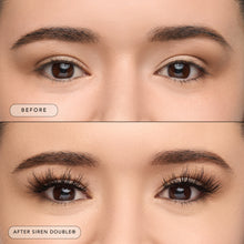 Before and after of a model wearing Siren Double lashes. 