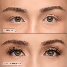 Before and after of a model wearing Smokey Muse lashes. 