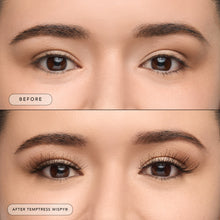 Before and after of a model wearing Temptress Wispy lashes. 