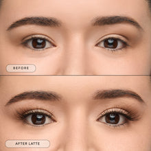 Before and after of a model wearing Latte lashes, 