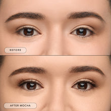 Before and after of a model wearing Mocha lashes.