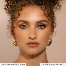 Before and after of a model wearing Americano False Eyelashes.