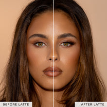 Before and after of a model wearing Latte false eyelashes.