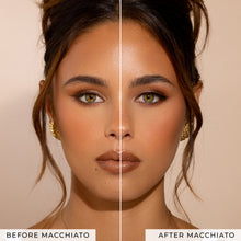 Before and after of a model wearing Macchiato false eyelashes.