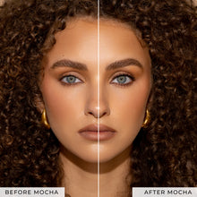 Before and after of a model wearing Mocha false eyelashes.