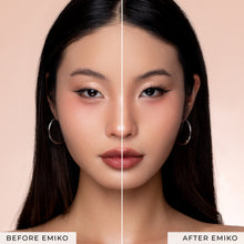 Before and after of a model wearing Emiko false eyelashes.