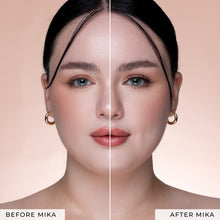 Before and after of a model wearing Mika false eyelashes.