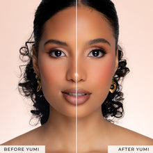 A before and after of a model wearing Yumi false eyelashes.