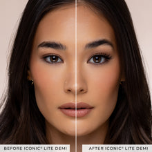 Before and after of a model wearing Iconic Lite Demi false eyelashes.