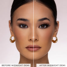 Before and after of a model wearing Midnight Demi false eyelashes. 