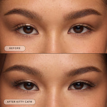 Before and after of a model wearing Kitty Cat lashes, 