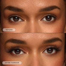 Before and after of a model wearing Tigress lashes. 