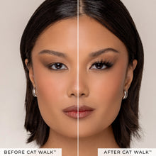 Before and after of Cat Walk false eyelashes on a model. 