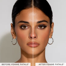 A before and after of a model wearing Femme Fatale false eyelashes.