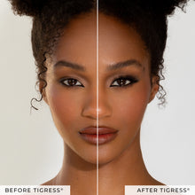 Before and after of a model wearing Tigress false eyelashes.