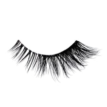 Frisky false lash with natural inner corners transition into flared wispy outer corners.