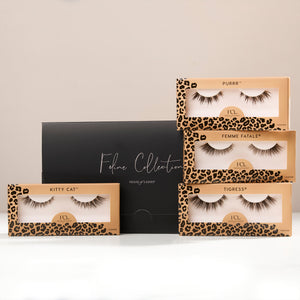 Feline collection lashes: Purrr, Femme Fatale, Tigress, and Kitty Cat with the exclusive set packaging.