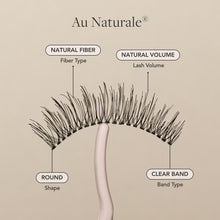 Au Naturale false lash with natural fibers, natural volume, round shape, and clear lash band.