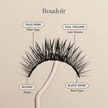 Boudoir false lashes faux mink fibers, full volume, round shape, and black lash band.