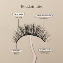 Boudoir Lite false lashes faux mink fibers, medium volume, round shape, and clear band.