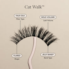 Cat Walk a false lash with faux silk fibers, bold volume, flared shape, and a Jelly Band.