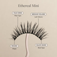 Ethereal Mini false eyelash faux mink fibers, medium volume, round shape, black band.