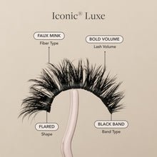 Iconic Luxe false eyelash with faux mink fibers, bold volume, flared shape, and a black lash band.