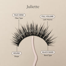 Juliette false eyelash with faux mink fibers, full volume, round shape, and a black lash band.