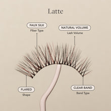 Latte False Eyelashes with faux silk fibers, natural volume, flared shape, and a clear lash band.