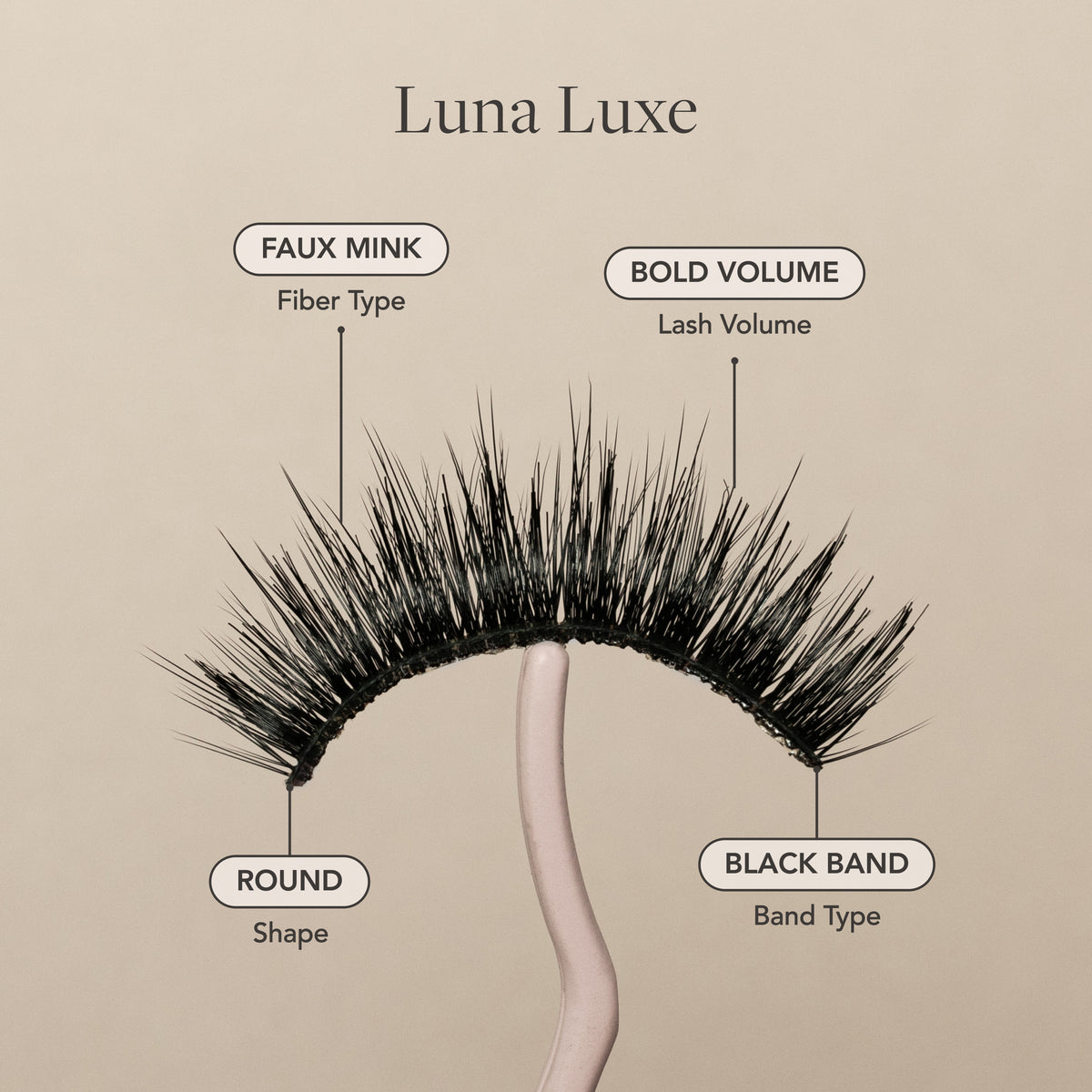 Luna Luxe false eyelash with faux mink fibers, bold volume, round shape, and a black lash band. 