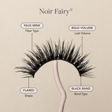 Noir Fairy false eyelash with faux mink fibers, bold volume, flared shape, and a black lash band.
