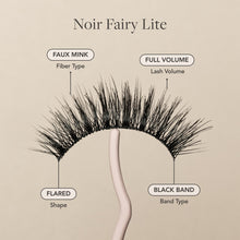 Noir Fairy Lite false eyelash with faux mink fibers, full volume, flared shape, and a black lash band.