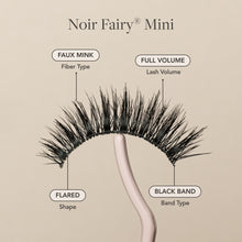 Noir Fairy Mini false eyelash with faux mink fibers, full volume, flared shape, and a black lash band.