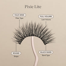 Pixie Lite false eyelashes with faux mink fibers, full volume, round shape, and a black lash band.