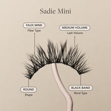 Sadie Mini false eyelash with faux mink fibers, medium volume, round shape, and a black lash band.