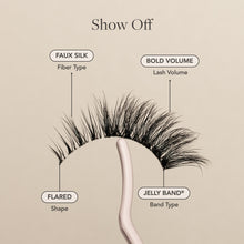 Show Off false eyelash with faux silk fibers, bold volume, flared shape, and Jelly Band.
