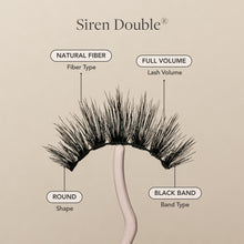 Siren Double false eyelash with natural fibers, full volume, round shape, and a black lash band.