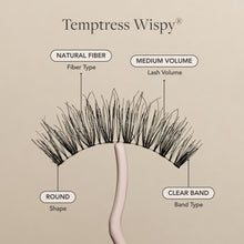 Temptress Wispy natural fibers, medium volume, round shape, clear band.