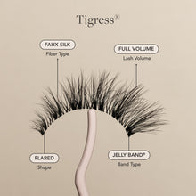 Tigress flared, wispy lash with long length and full volume for a voluminous cat-eye look.