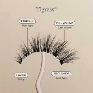 Tigress flared, wispy lash with long length and full volume for a voluminous cat-eye look.