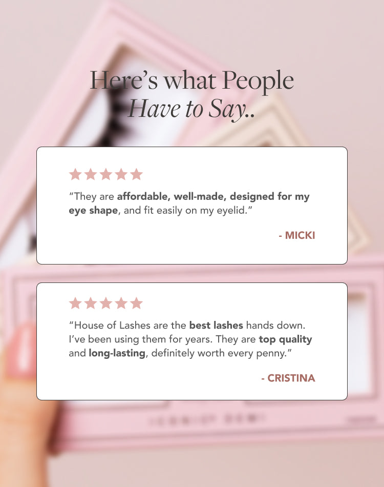 A model holding 3 lashes with Customer testimonials. 