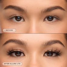 Before and after of a model wearing Allura Lite lashes. 