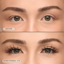 Before and after a model wearing Ethereal Lite lashes.