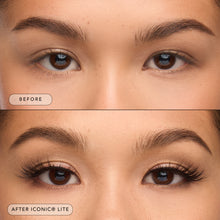 Before and after of a model wearing Iconic Lite lashes. 