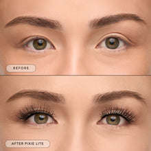 Before and after of a model wearing Pixie Lite lashes.