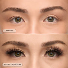 A before and after of a model wearing Iconic Luxe lashes.