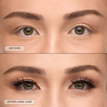 Before and after of a model wearing Luna Luxe lashes. 