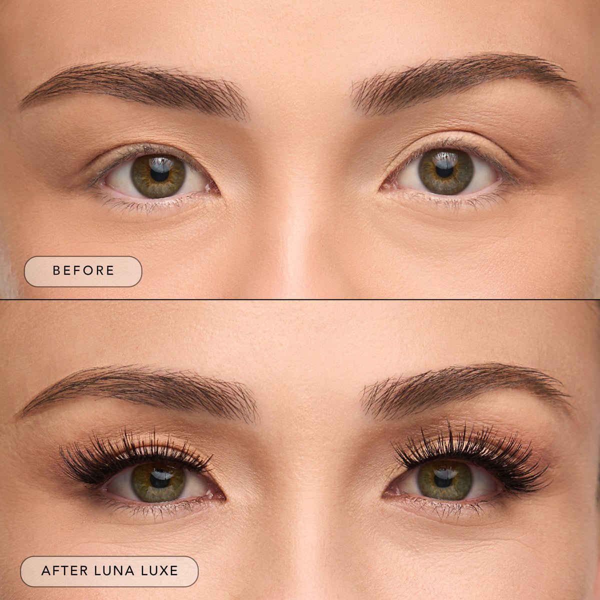 Before and after of a model wearing Luna Luxe lashes. 